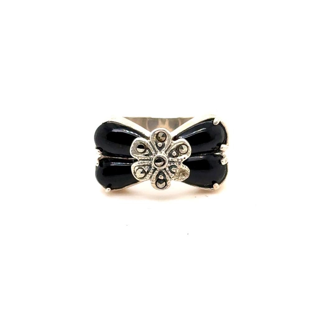 Vintage Sterling Silver Black Onyx Marcasite Bow Flower Ring Size 7 7g